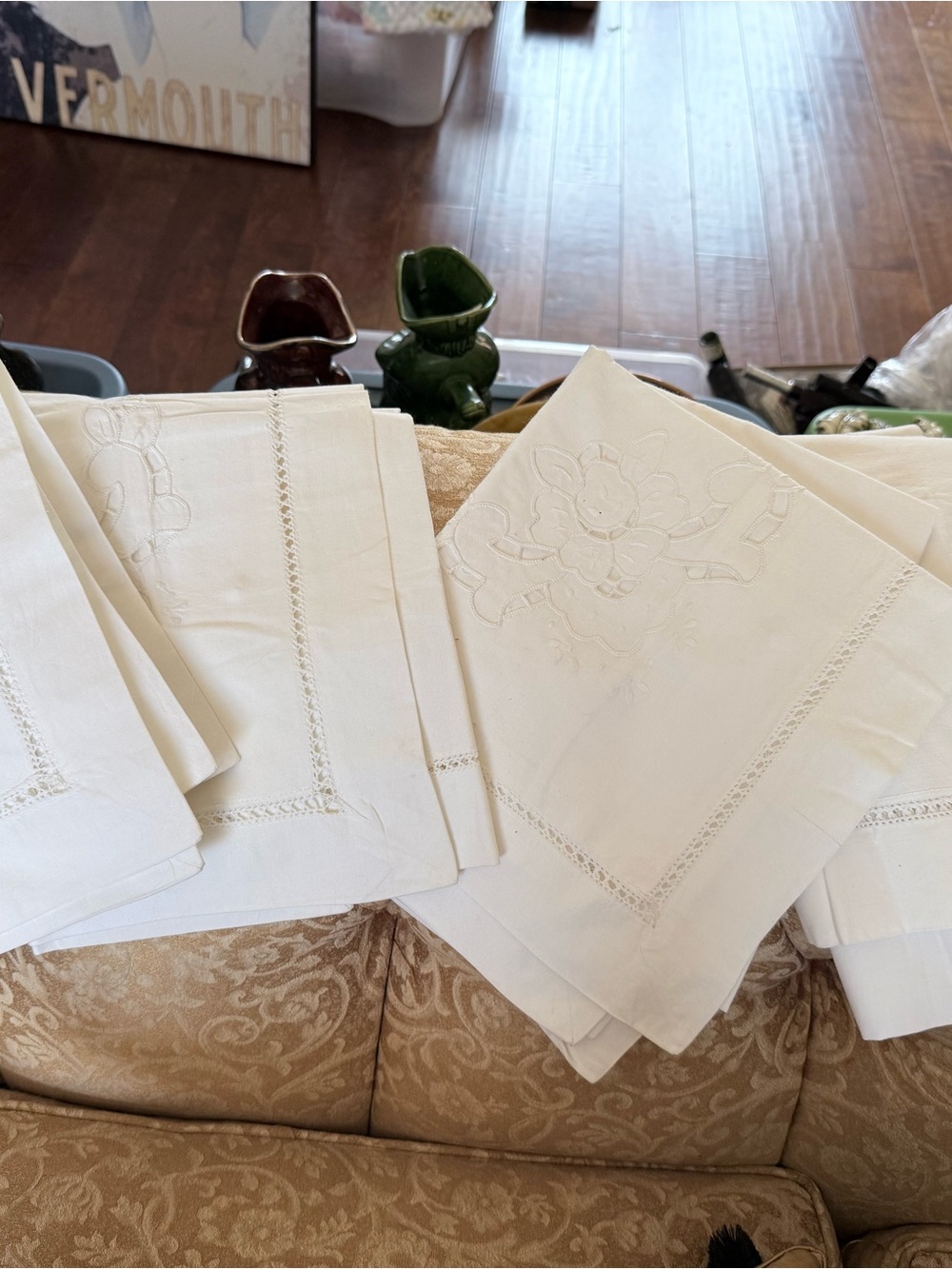 Set of 4 Vintage BATTENBURG LACE Pillow SHAMS White Large Cotton Crisp Bedding